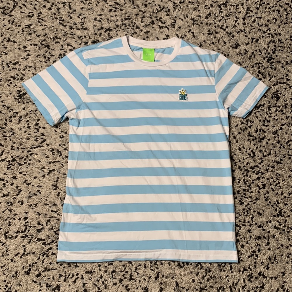 HUF Tee Shirt Blue White Stripe Short Sleeve Embroidered Crown Logo Men’s Large
